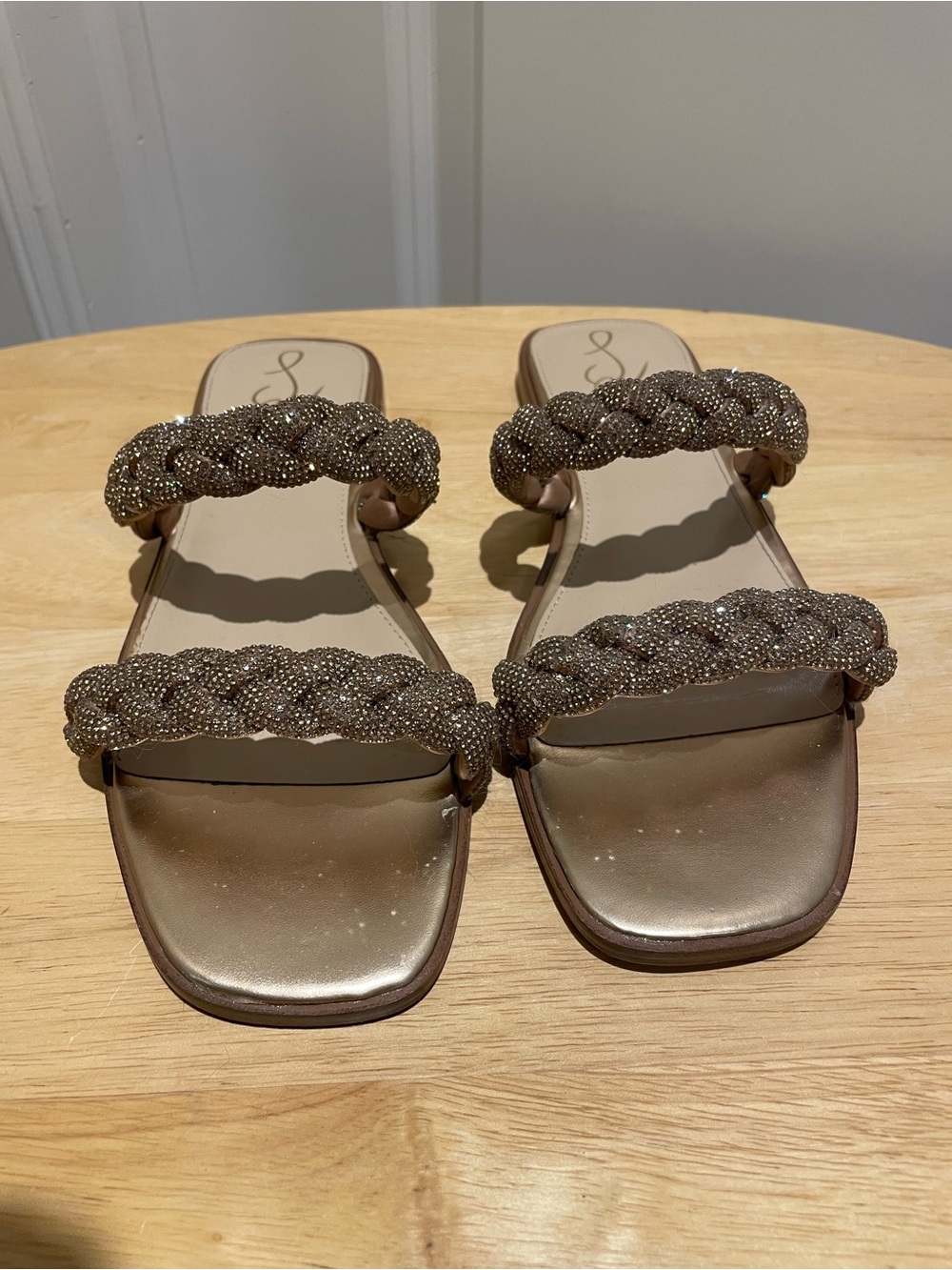 Sam Edelman Metallic Braided Double-Strap Slide Sandals in Rose Gold